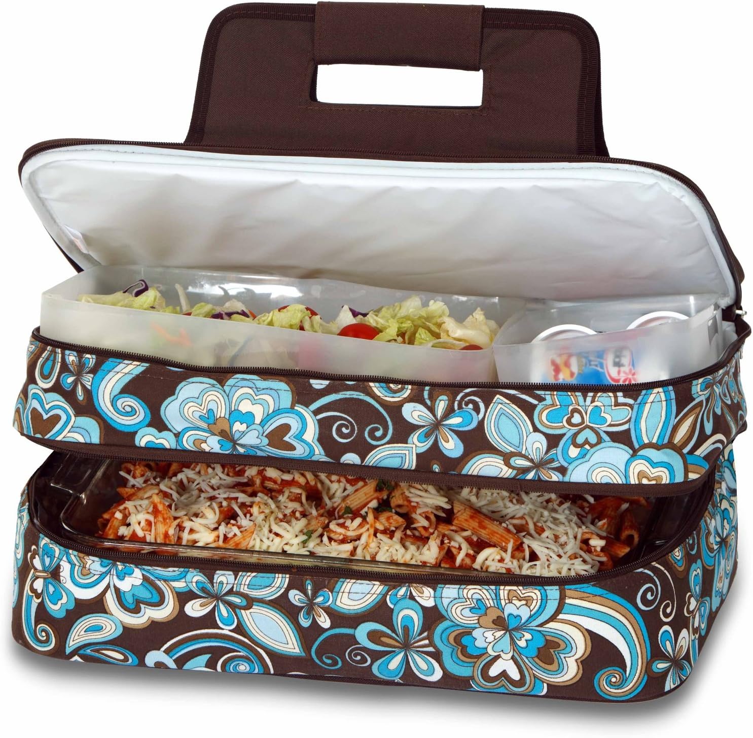 Picnic Plus 18” Casserole Carrier 2 Level Thermal Insulated Hot and Cold Food Carrier Double Layer Food Carrier Bag Potluck Carrier With Bonus Containers (Cocoa Cosmos)
