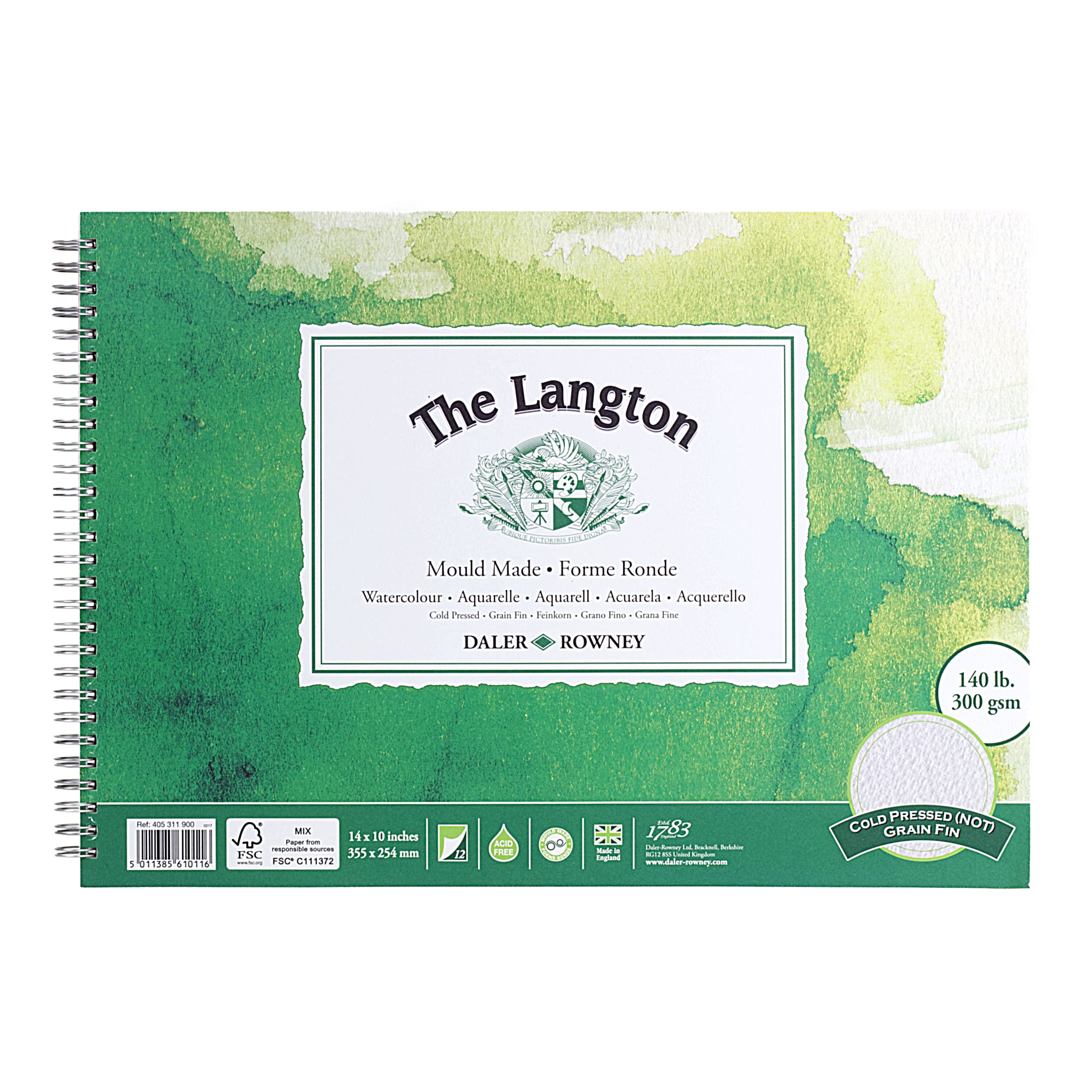 Daler-Rowney The Langton Cold-Pressed Watercolour 300gsm 14 x 10in Natural White Paper in a Spiral Pad, Acid-free, 12 Sheets, Ideal for Professional Artists