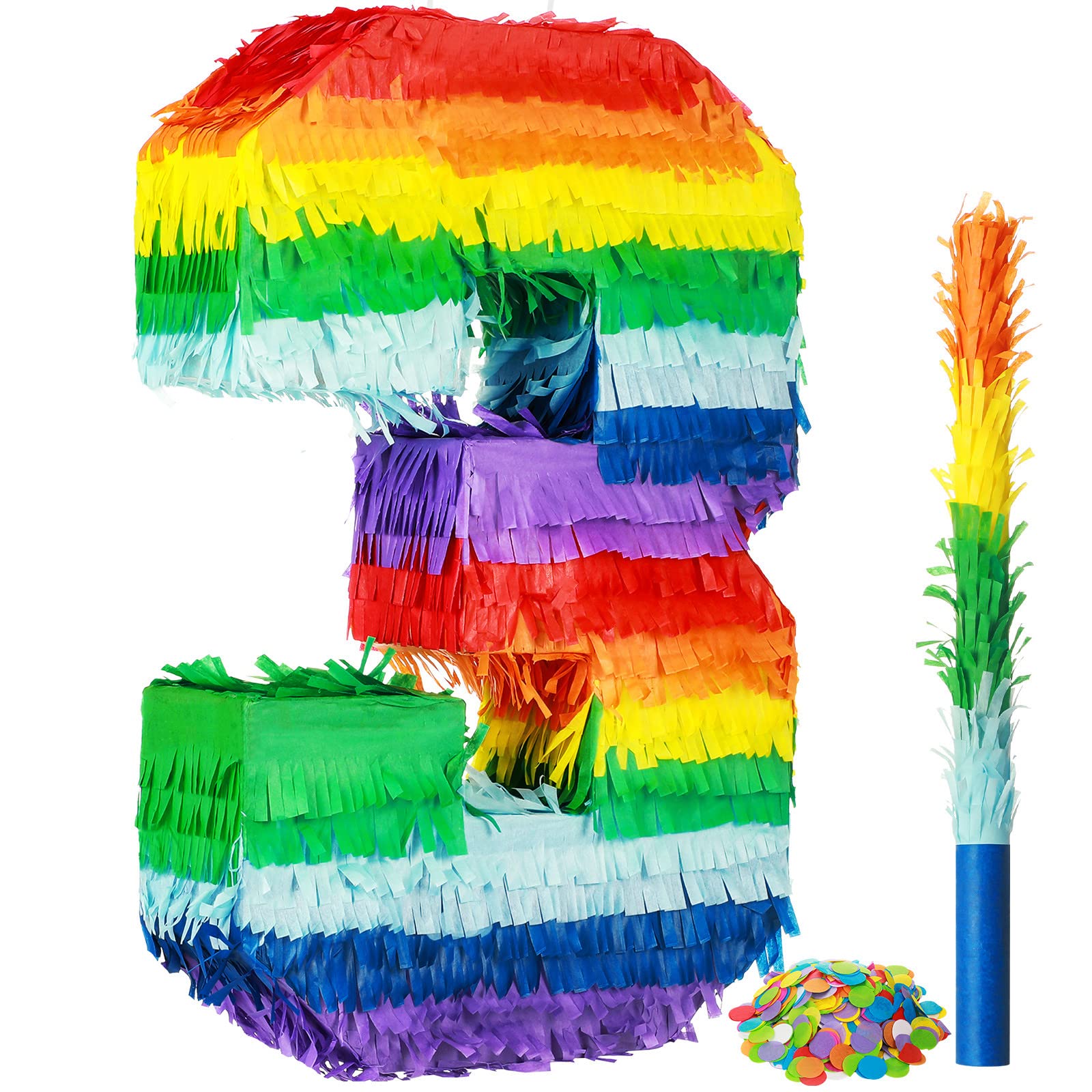 Photo 1 of Sratte Rainbow Number Piñata Multicolor Piñata Small Kids Birthday Party with Blindfold Stick and Confetti for Birthday Anniversary Cinco De Mayo Fiesta Party Decor(Number 3)
