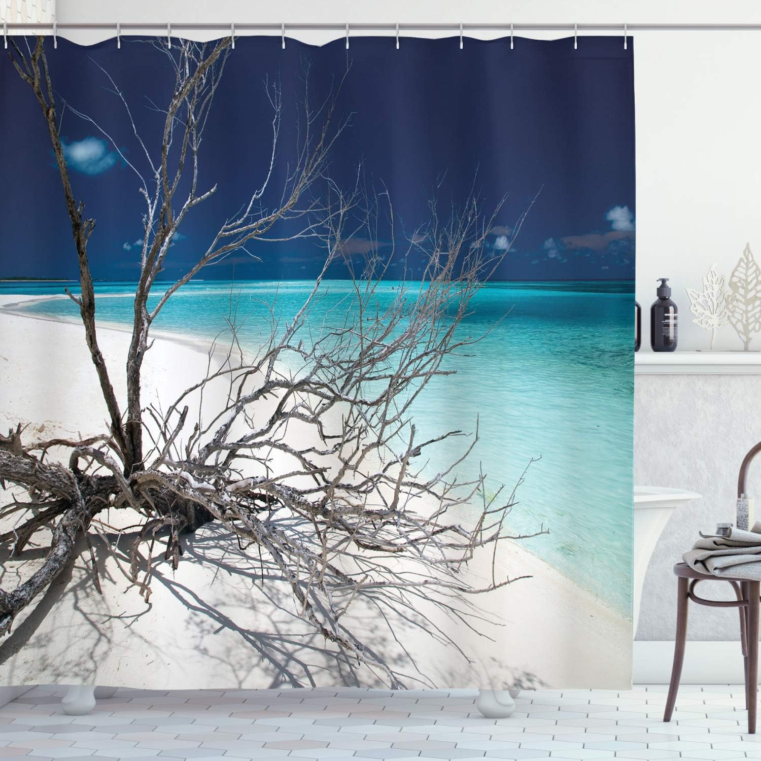 Amazon Com Ambesonne Driftwood Decor Shower Curtain Seascape Theme Driftwood On The White Sandy Beach Digital Image Fabric Bathroom Decor Set With Hooks 75 Inches Long Turquoise And Blue Home Kitchen