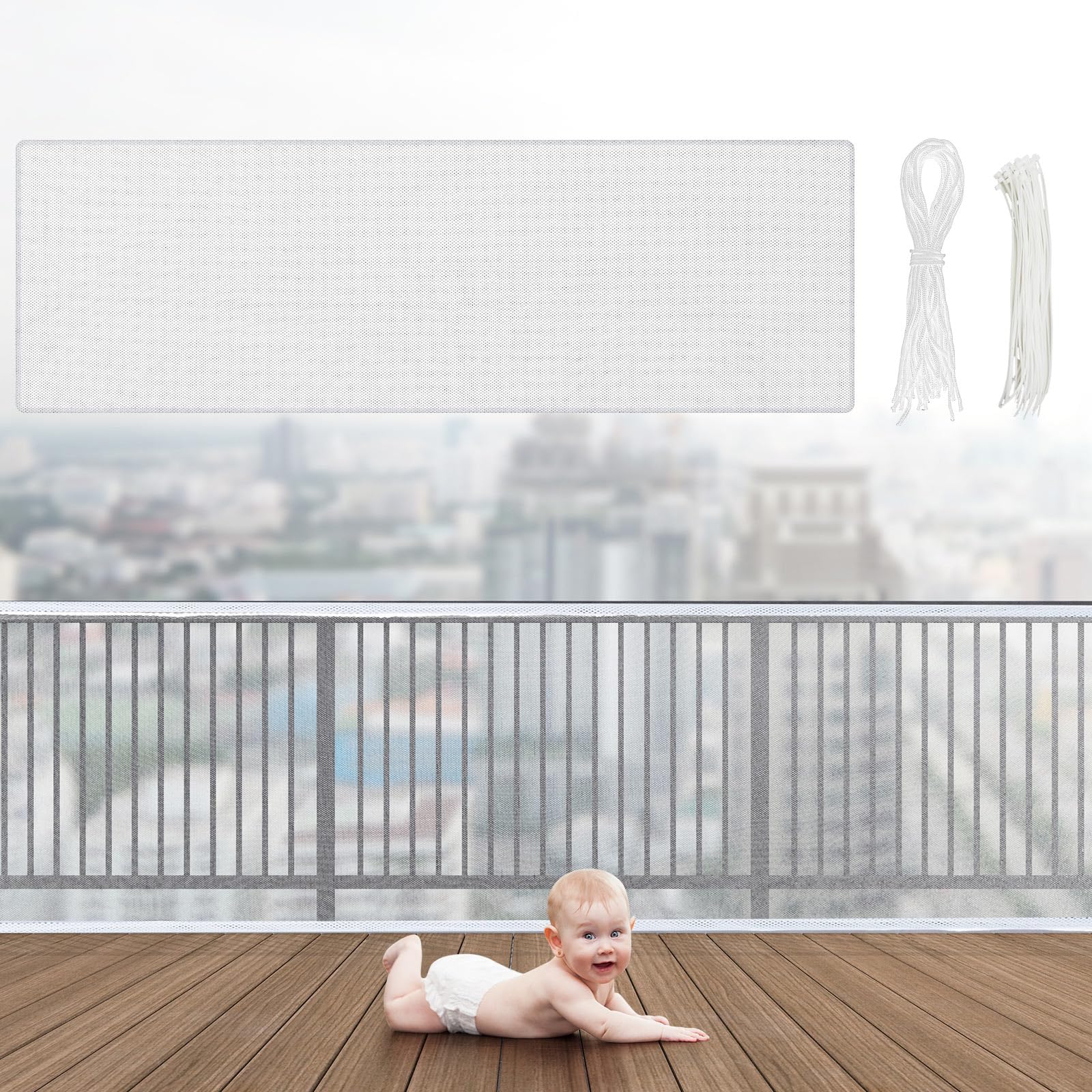 Photo 1 of Hosuly Banister Guard 30 x 3 ft Balcony Netting for Kids Pets Stairway Safety Net Baby Fence Door Balcony Netting Safety Mesh Stair Net with No Drilling for Apartment Railing(White)