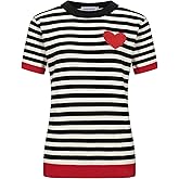OXKnit Women's Knit Black Stripes Short Sleeve, 1960s Retro Heart Pattern Crewneck Casual T-Shirts
