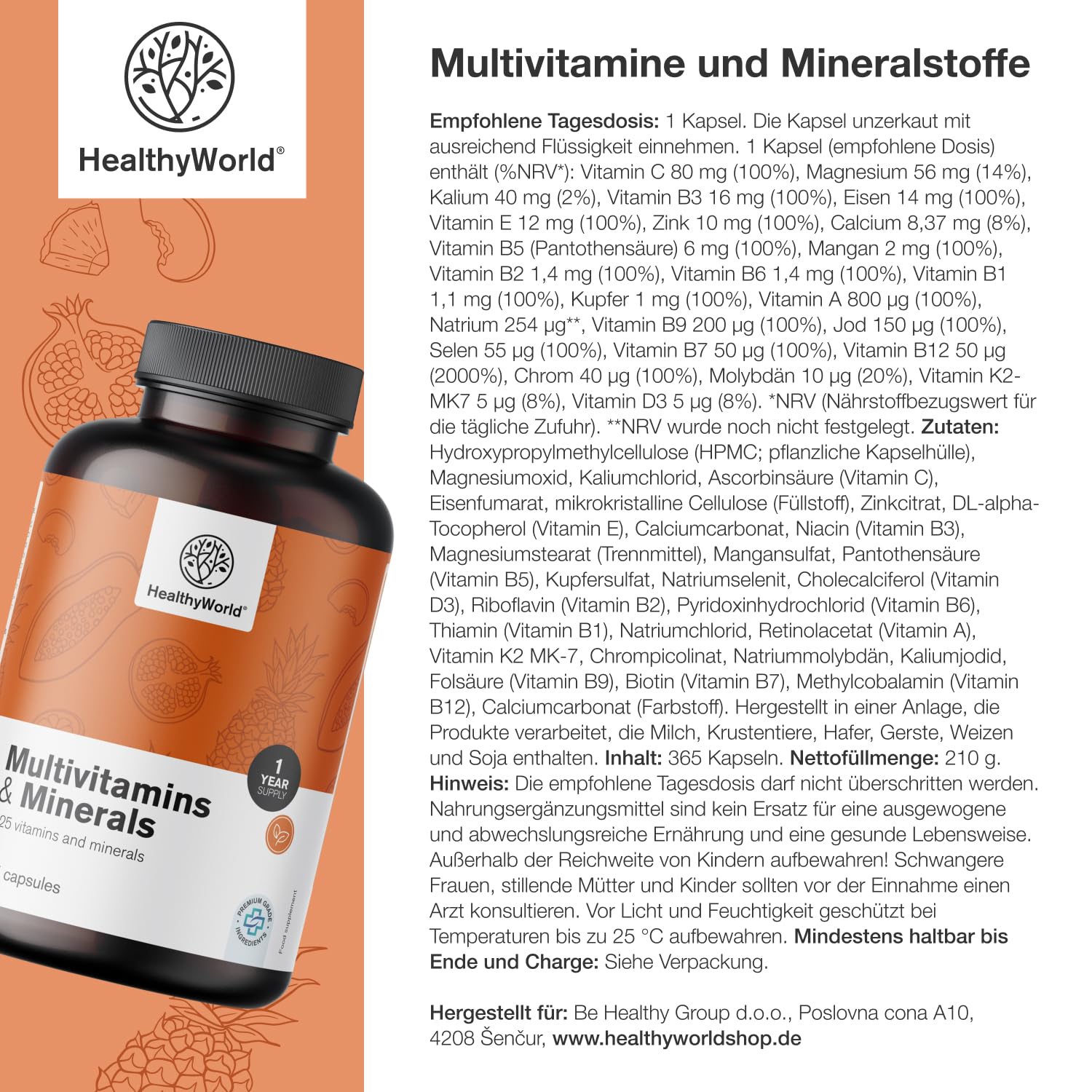HealthyWorld Multivitamine & Mineralstoffe - 25 Vitamine & Mineralstoffe - 365 Kapseln - Jahresvorrat - Pflanzenkapseln - Immunsystem - mehr Energie- wertvolle Vitamine A-Z - Für Männer & Frauen 7