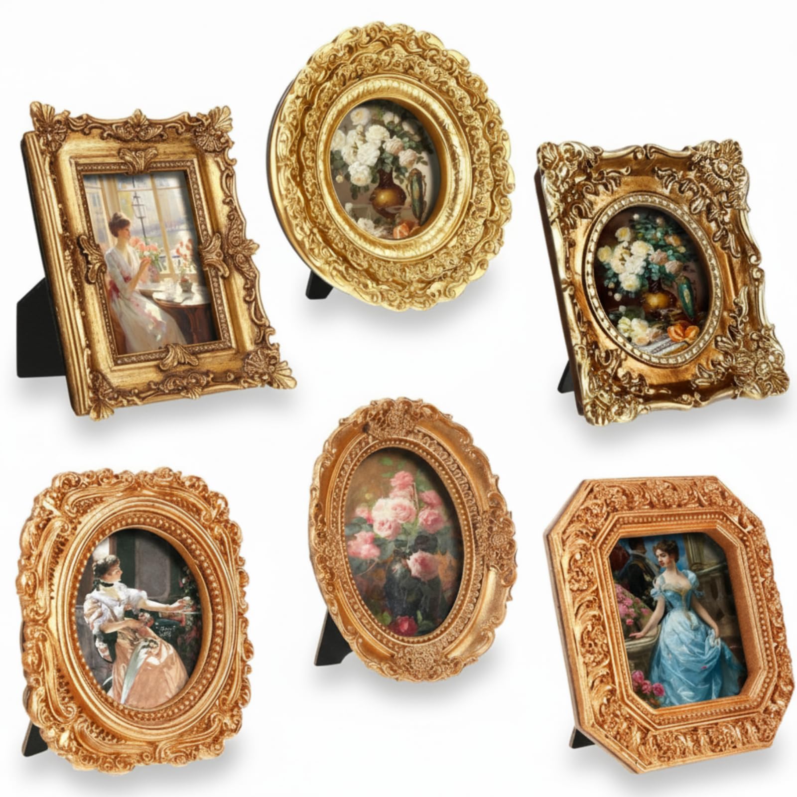 Photo 1 of Kathfly 6 Pcs Mini Vintage Picture Frame Gold Tiny Picture Frames Bulk Ornate Antique Photo Frame Resin Oval Baroque Ornaments with Floral Relief Panel and Rack Stands for Home Wall Wedding Decor