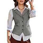 ELLEVEN Women's Herringbone Tweed Lapel Waistcoat Business Casual Sleeveless Blazers Suit Vests with Adjustable Back