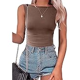 SAUNGKUAI Women's Sleeveless Shirts Mesh Ruched Bodysuit Double Lined Boat Neck Body Suits Going Out Tops Date Outfits
