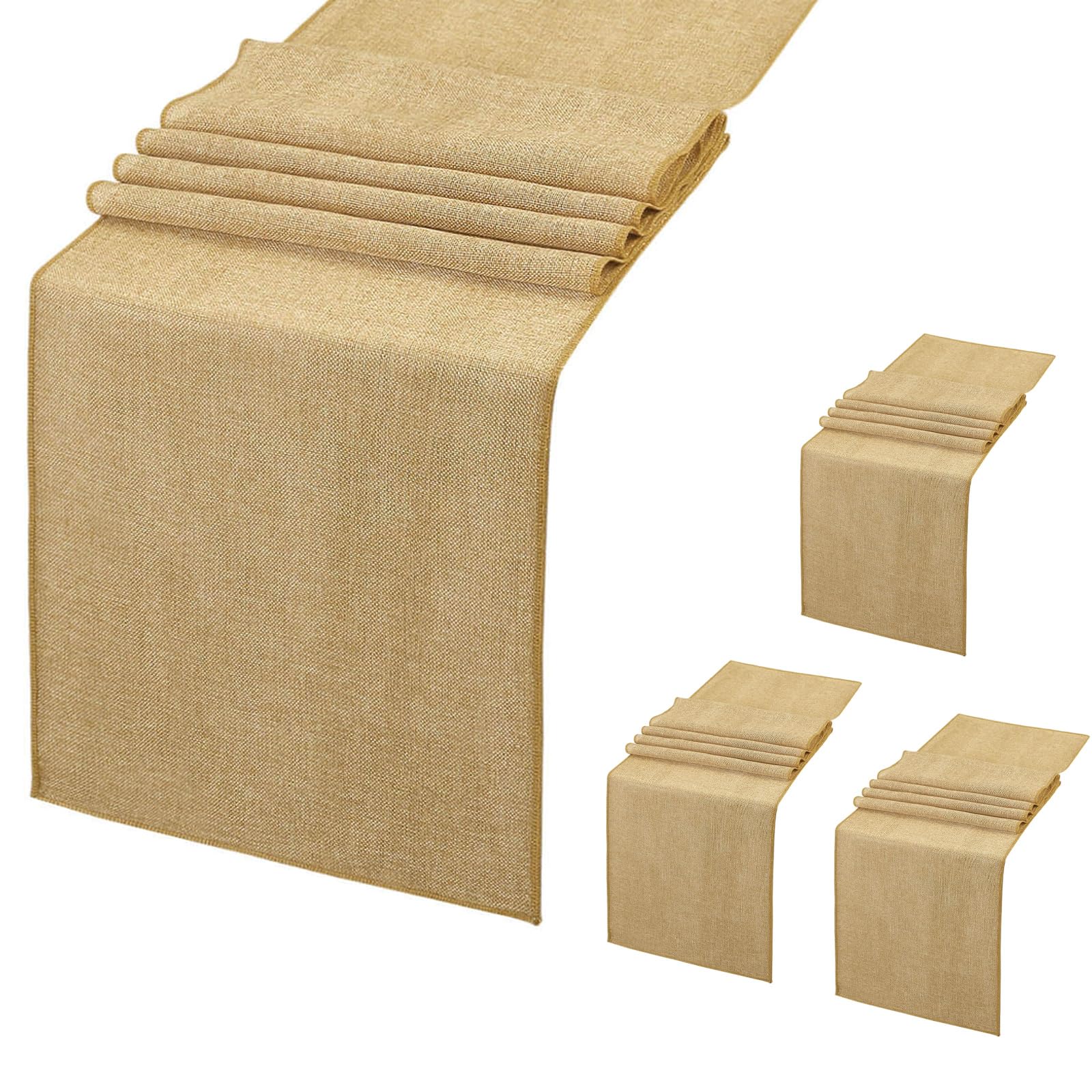 Photo 1 of B-COOL 4 Pieces Burlap Table Runners: 13x108 Inch Khaki Rustic Jute Table Runner Thanksgiving Table Cover for Farmhouse Macrame Boho Fall Party Home Dining Decorations