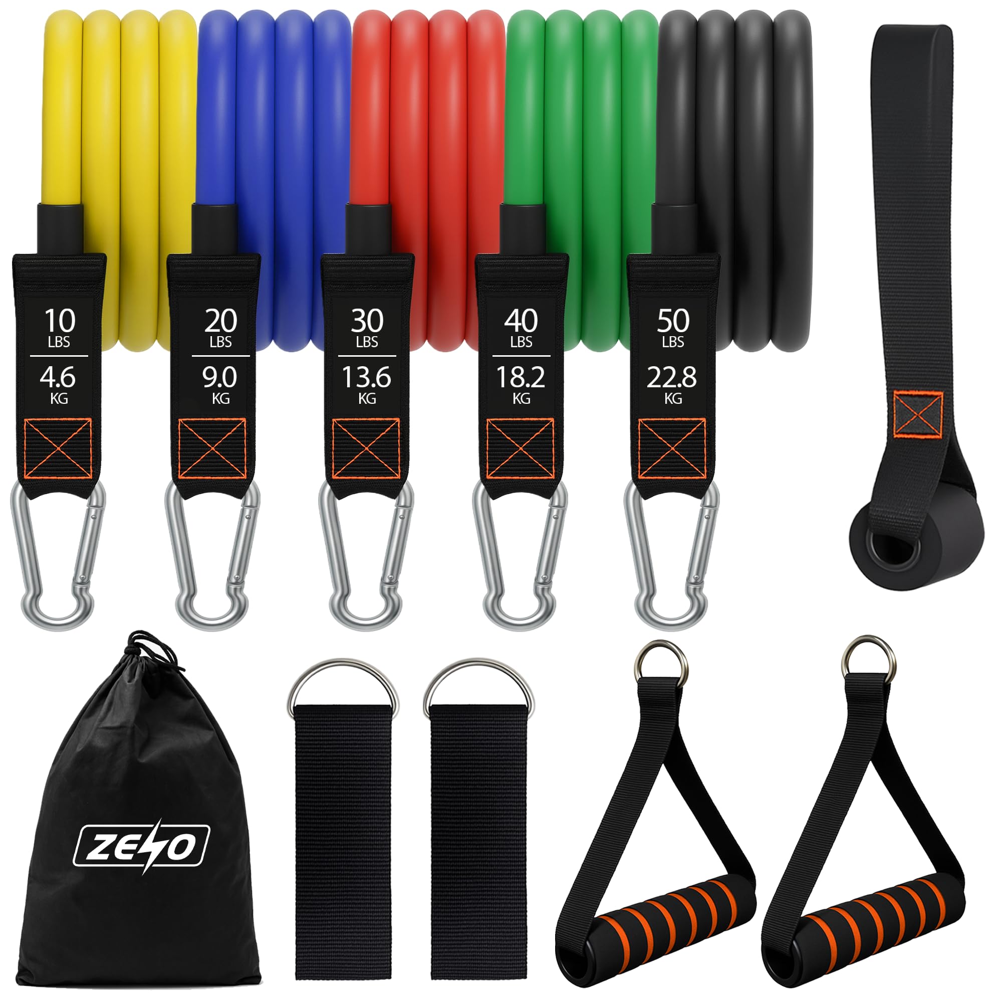 ZENO Resistance Bands 10 Pack | 5 Resistance Bands Set with 5 Attachment Handles | Skin Friendly Exercise Band for Women & Men | Ideal for Home Strength Training Full Body Workouts | 150LBS Max Weight