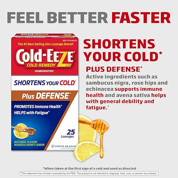 COLD-EEZE PLUS DEFENSE NATURAL MANUKA HONEY LEMON ZINC LOZENGES, HOMEOPATHIC COLD REMEDY, SHORTENS COMMON COLD SYMPTOMS, PROMOTES IMMUNE HEALTH, SAMBUCUS NIGRA, ECHINACEA AND ROSE HIPS, 25 CT.