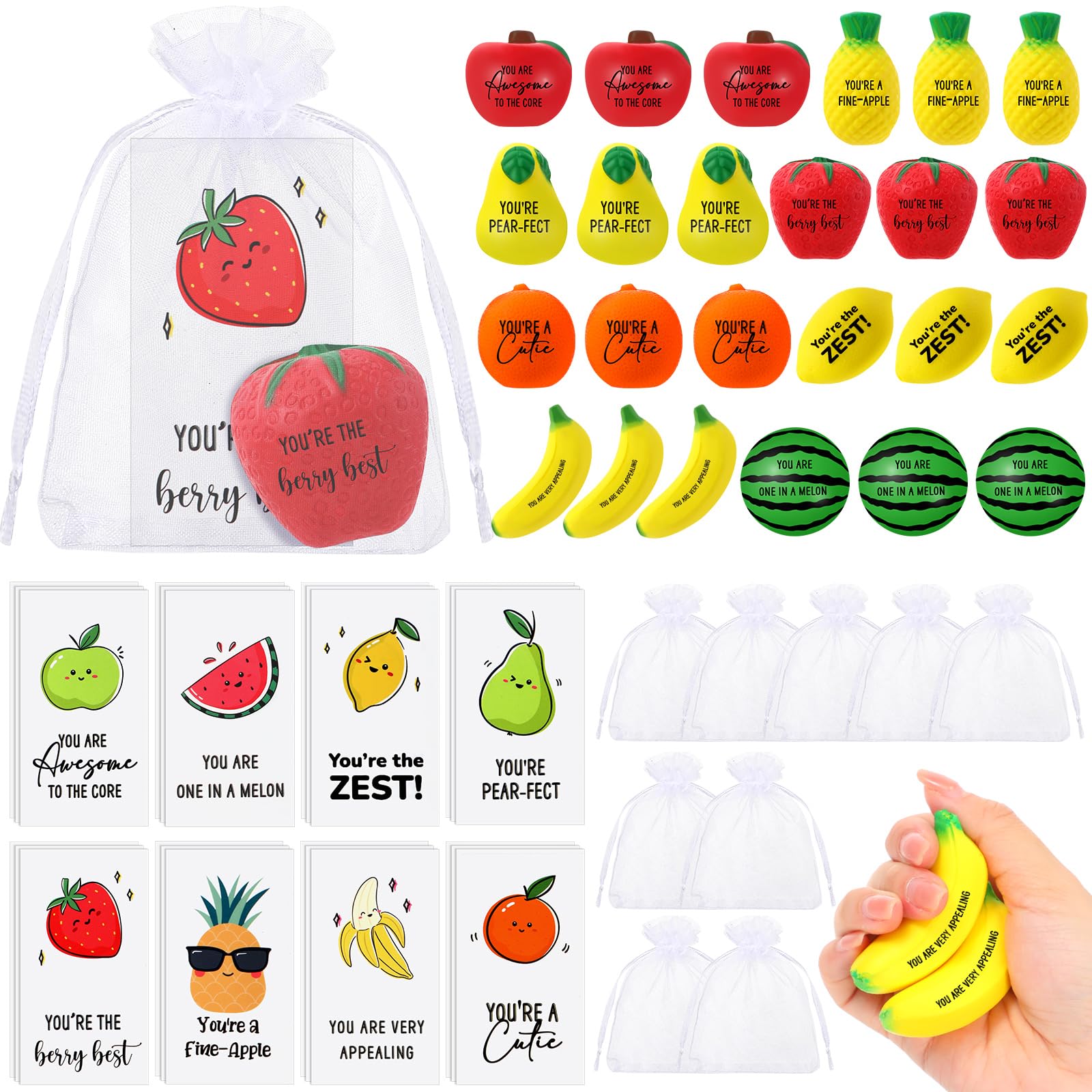 Photo 1 of Outus 24 Sets Fruit Stress Balls with Motivational Quotes Cards Fruit Stress Balls Toys with Inspirational Cards, Anxiety Relief Toy Organza Bags for Employee Teacher Gifts