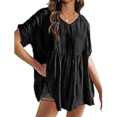 Womens V Neck Babydoll Tops Summer Short Sleeve Oversized Tshirts Casual Loose Fit Peplum Tunic Shirts