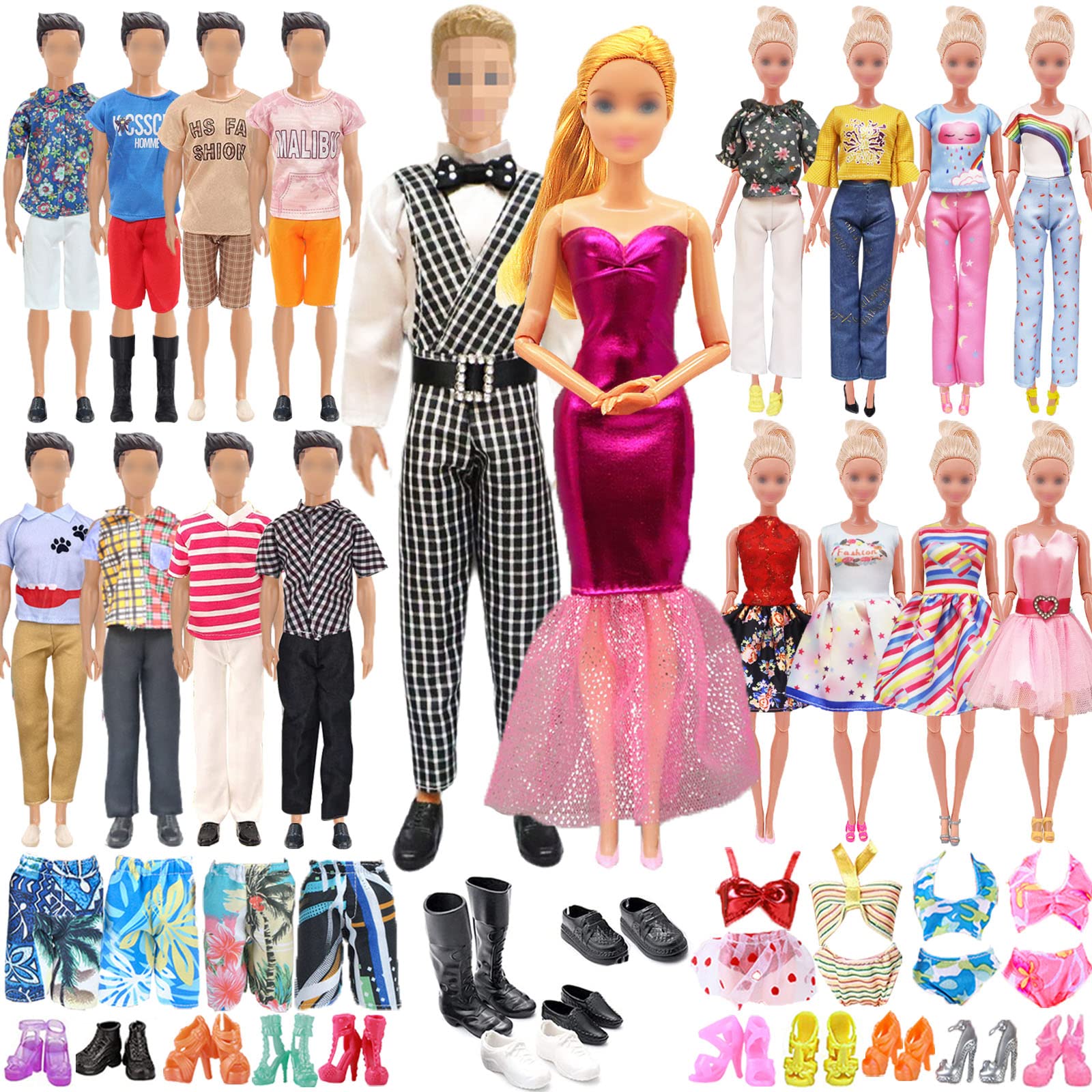27 PCS Doll Clothes and Accessories Compatible with Barbie Ken, Include 7 Boy Outfits 7 Girl Outfits Dress Casual Wear 3 Boys Shoes 10 Girls Shoes in Random, Doll Birthday Present