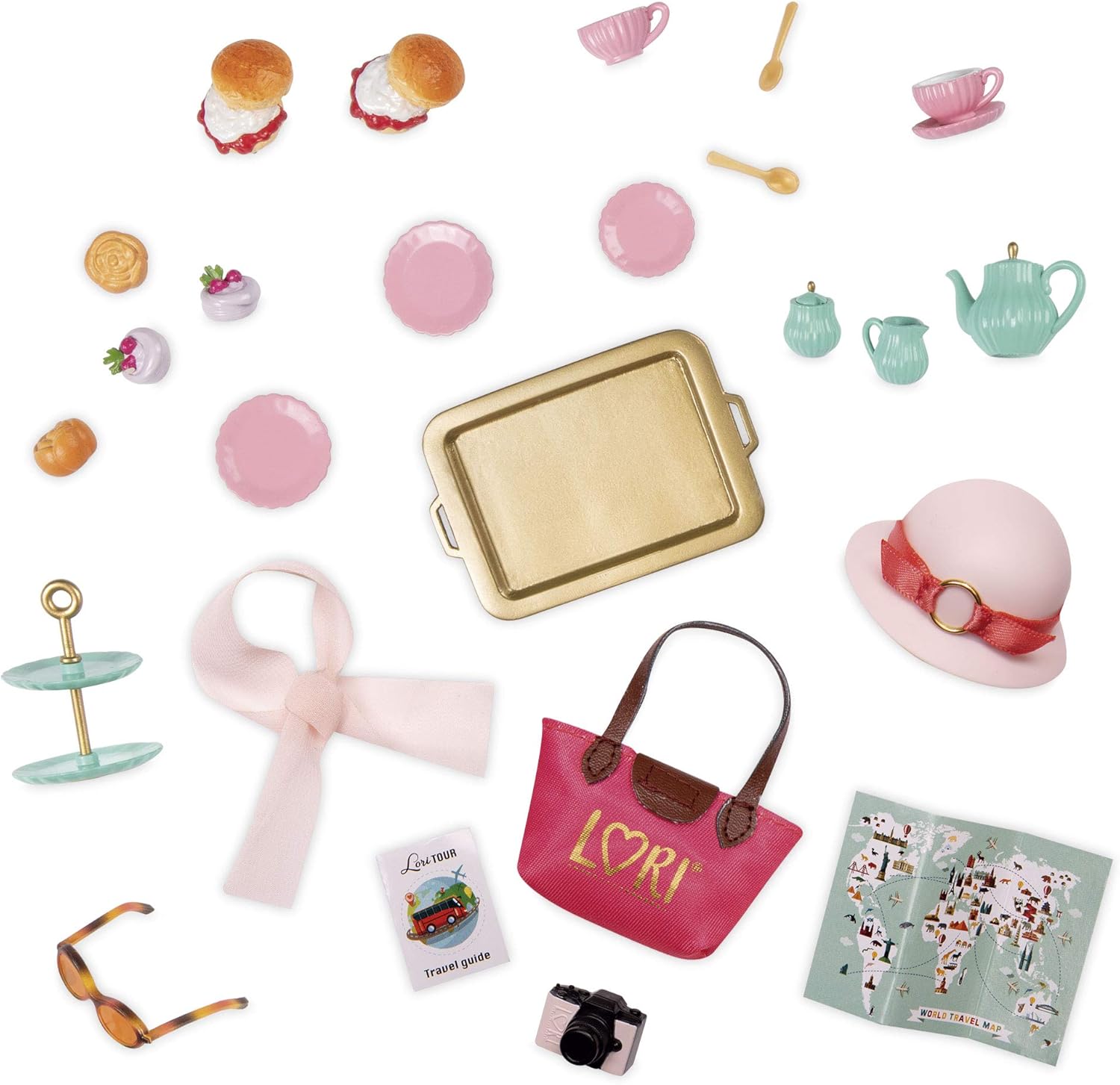 Lori Dolls, Tea Party Set for 6-inch Mini Dolls, Play Food & Travel Accessories, Desserts, Map, Camera, Smitten in Britain