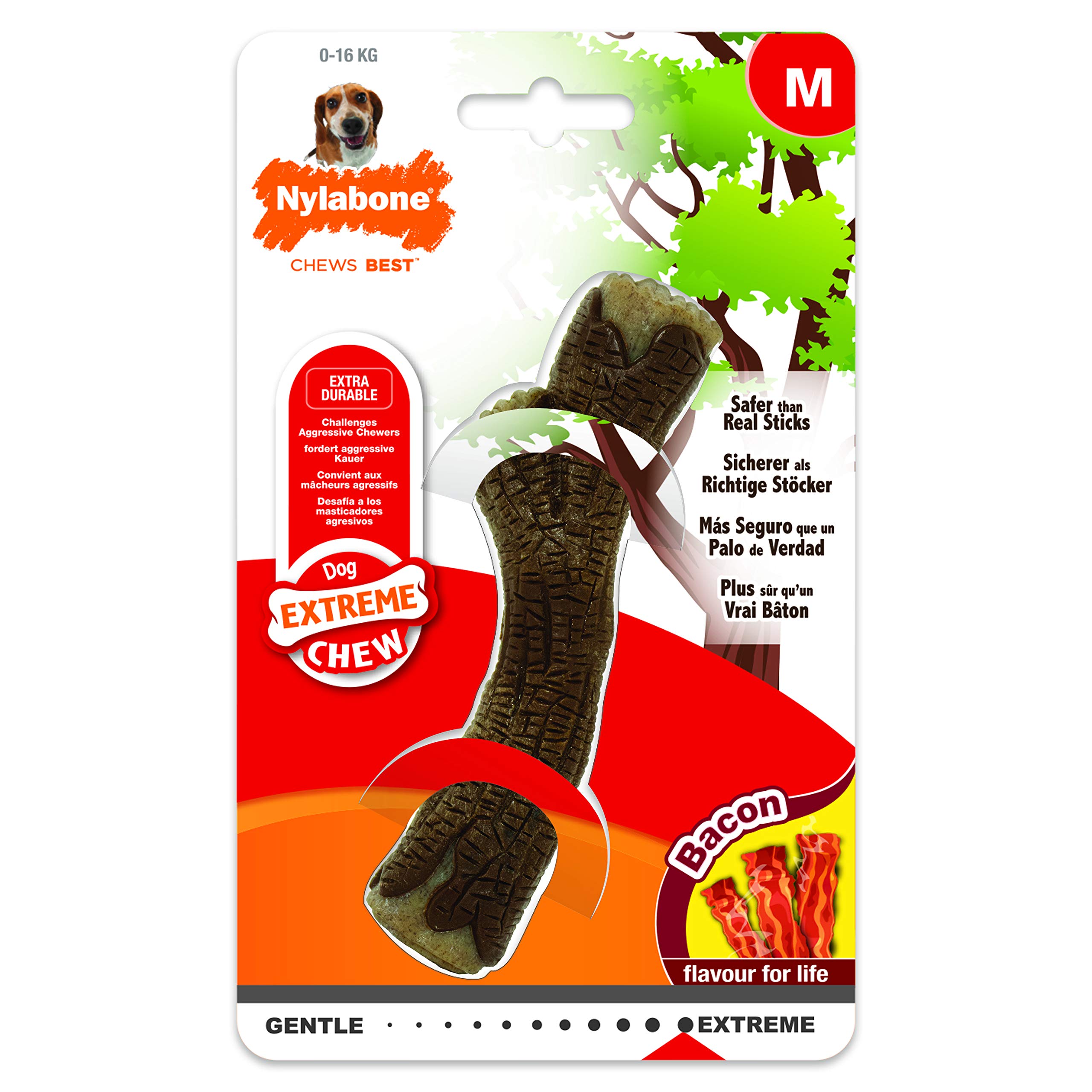 Nylabone Extreme Tough Dog Chew Toy Wooden Stick, Durable, Cleans Teeth, Bacon Flavour, M, for Dogs Up to 16 kg
