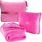 BlueHills Premium Soft Travel Blanket Pillow Airplane Blanket Packed in Soft Bag Pillowcase with Hand Luggage Belt and Backpack Clip, Compact Pack Large 2 in 1 Combo for Any Travel (Pink T004)