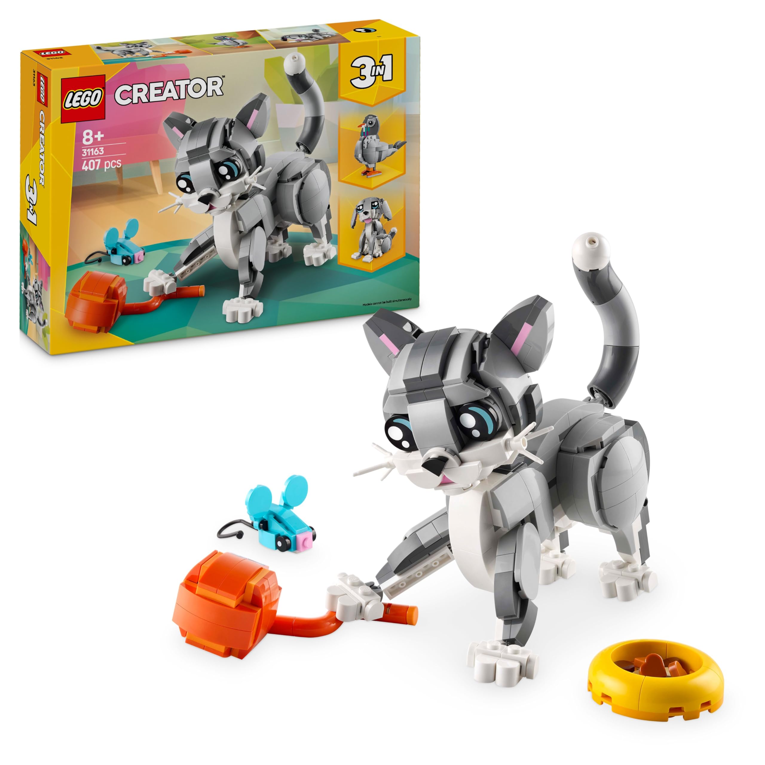 LEGO Creator 3in1 Graue Katze - Tierfigur umbaubar in Taube oder EIN Hund - Kreatives Geburtstagsgeschenk für Mädchen & Jungen ab 8 Jahren - 31163