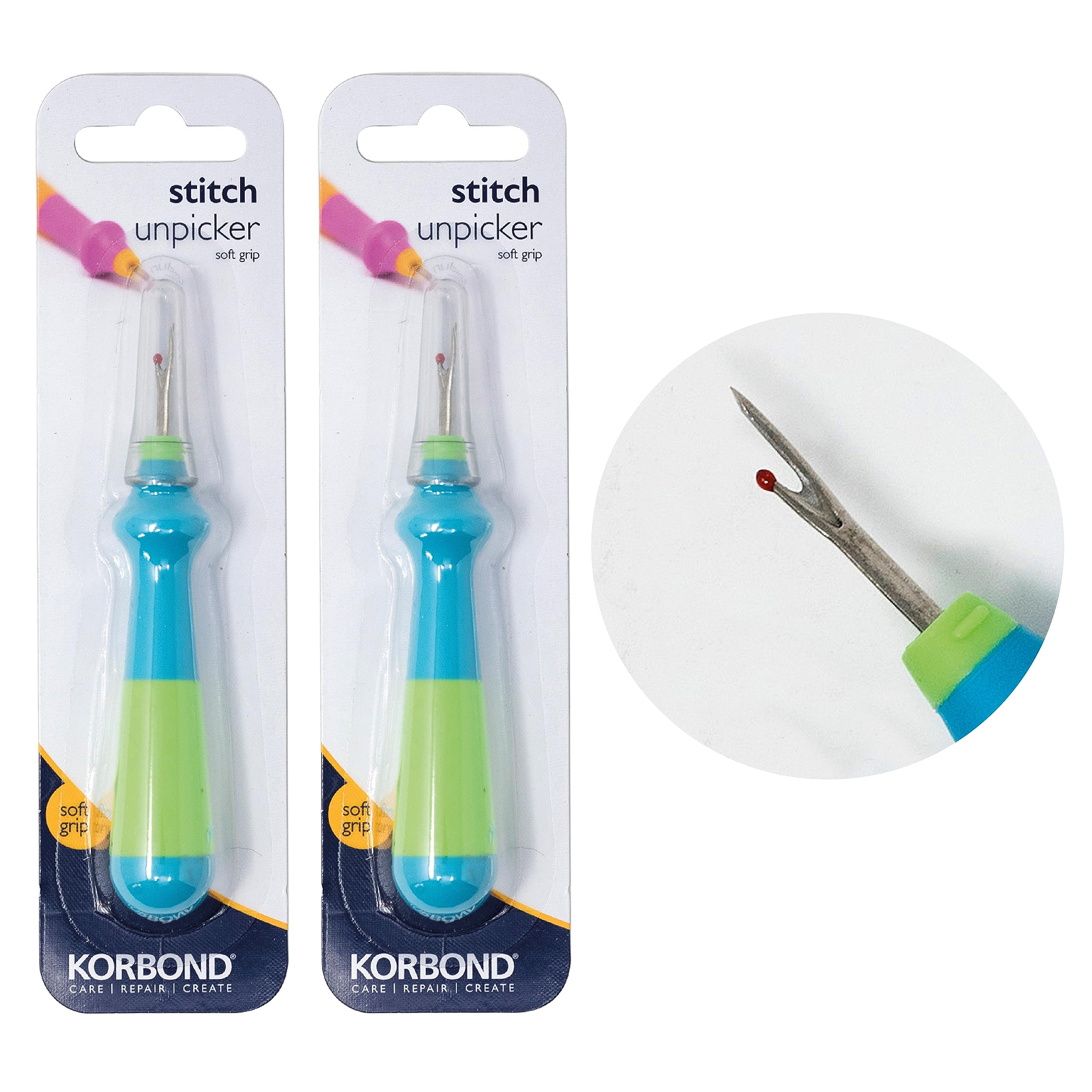 Korbond Easy Grip Seam Ripper Twin Pack – 12cm – Set of 2 Large Handled Stitch Unpicker with Comfort Grip & Protective Cap