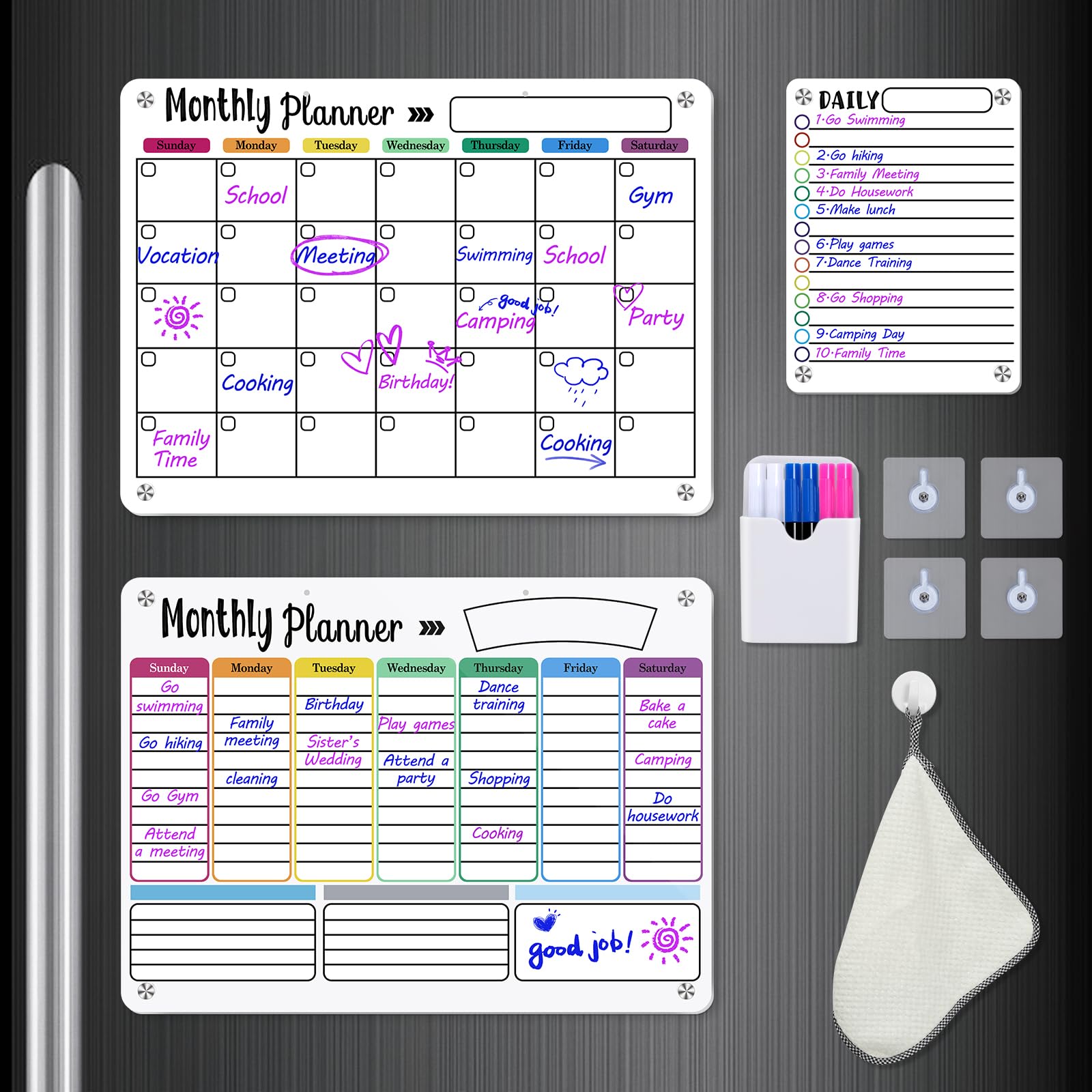 Photo 1 of Acrylic Magnetic Calendar for Fridge, 15.75×11.81 Inches, 3 Pack Dry Erase Board Monthly & Weekly & Daily Calendar for Refrigerator Reusable Plan Board, Includes 6 Markers, Pencil Holder, Towel, White