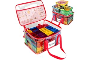 Tesuko 4 Pack Magnetic Tiles Storage Bag with Manual Pocket& Name Tag, Whole Clear PVC Magnetictiles Organizer Case for Magnetic Tiles, Building Blocks, Toy Cars, Board Game, Puzzle (Colorful)