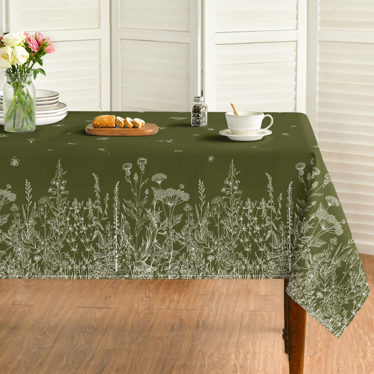 Photo 1 of Horaldaily Spring Summer Tablecloth 52×70 Inch Rectangular, Wild Flowers Floral Moss Green Washable Seasonal Table Cover for Party Picnic Dinner Decor