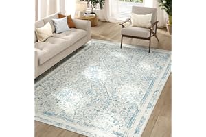 jinchan Washable Area Rug 5x7 - Low Pile Bedroom Rug Indoor Blue Floral Print Faux Wool Soft Rug Stain Resistant Boho Carpet Distressed Vintage Ultra-Thin Non-Slip Rug Living Room Dining Room Kitchen