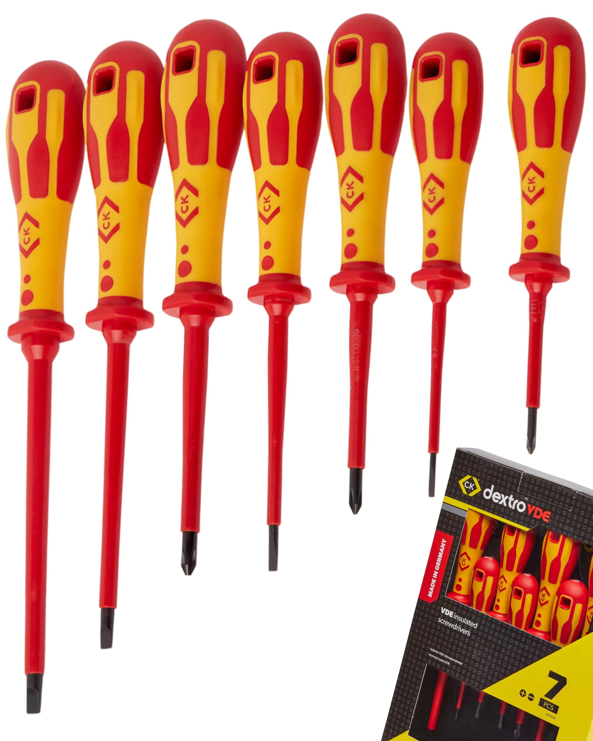 C.K Dextro VDE Set of 7 Screwdrivers SLP & PH, Slotted Parallel Phillips Head PH0 PH1 PH2 SL, Electricians Insulated Flat Head Philips Screwdriver Sets, Electrical Terminal Screw Driver, Tools T49192D