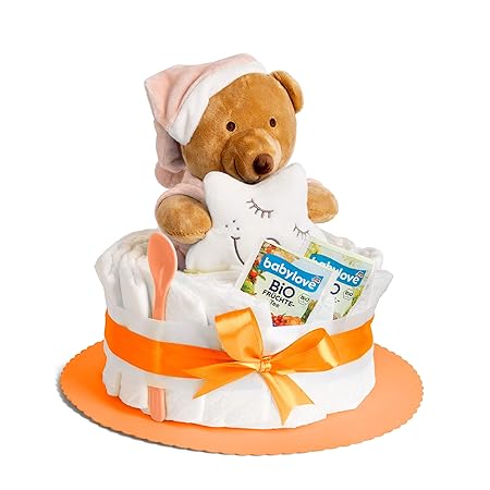 Windeltorte in Orange mit Teddy-Spieluhr von Homery, perfekt als Geschenk für Mädchen oder Jungen zur Baby-Party oder Geburt 
