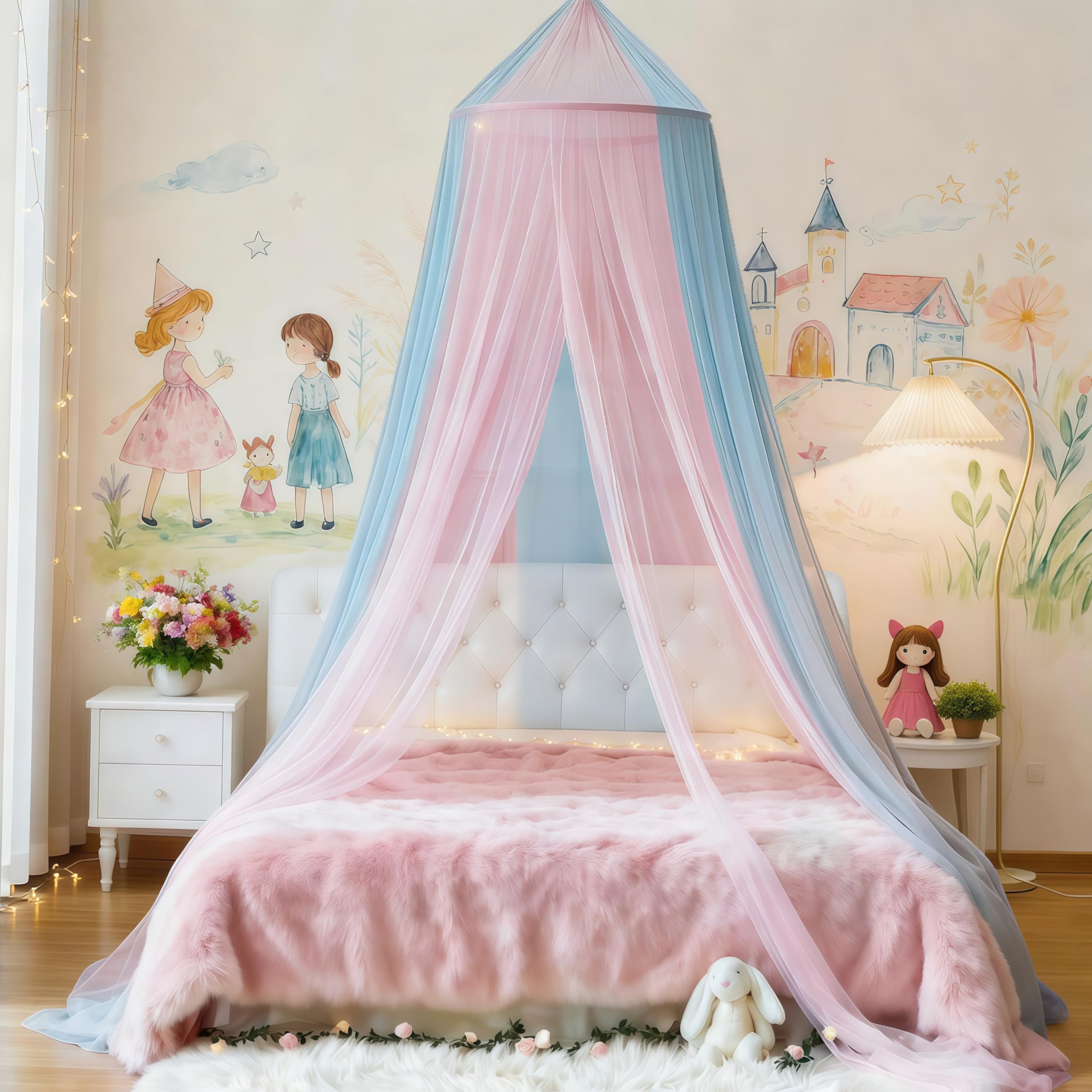 Eimilaly Two-tone Bed Canopy Mosquito Net Pink Blue, Bed Canopy for Girls Room Decor - Insect Protection Hanging Canopy for Adults, Babies, Single Door