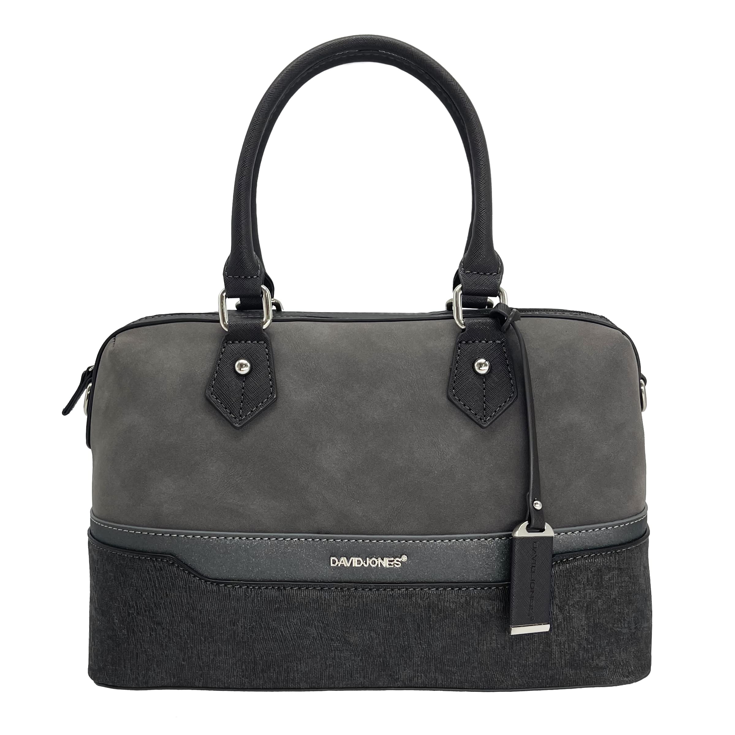 David Jones - Women's Bowling Barrel Handbag - Lady Bugatti Duffle Style Bag - Multicolor Stripes Shoulder Bag Nubuck Glitter Rigid Faux Leather - Top-Handle Tote Satchel City Bag Elegant - Grey