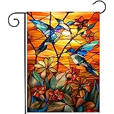 Stained Glass Hummingbird Garden Flag Spring Summer Yard Flag Fall Floral Decorative Flags for Outside 12x18 Double Sided Small Seasonal Lawn Flags Rustic Outdoor Decor