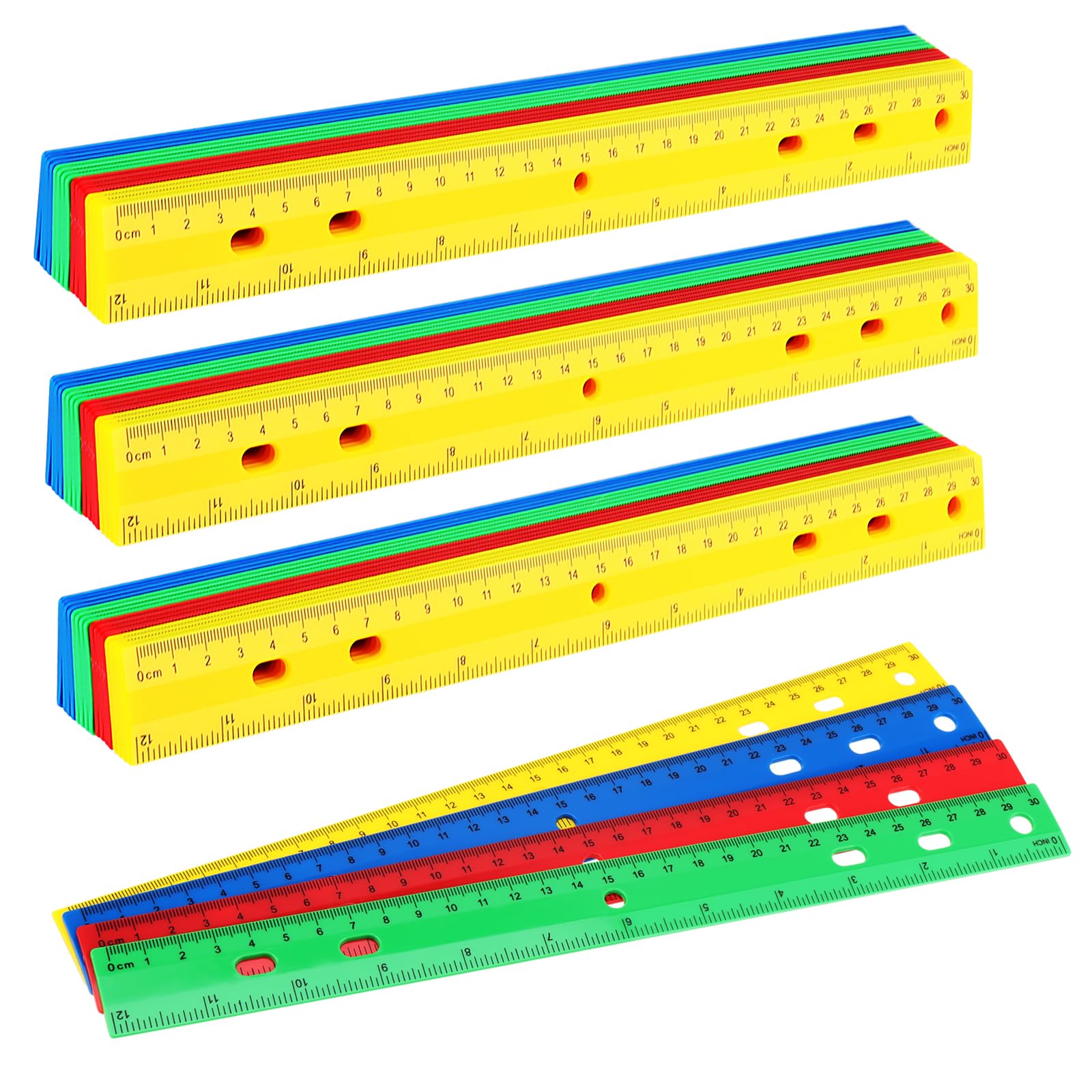 JOIKIT 48 Pack 30cm 4 Coloured Plastic Rulers, 12 Inches Dual Scales Straight Ruler for Office, Home, Red, Green, Blue, Yellow