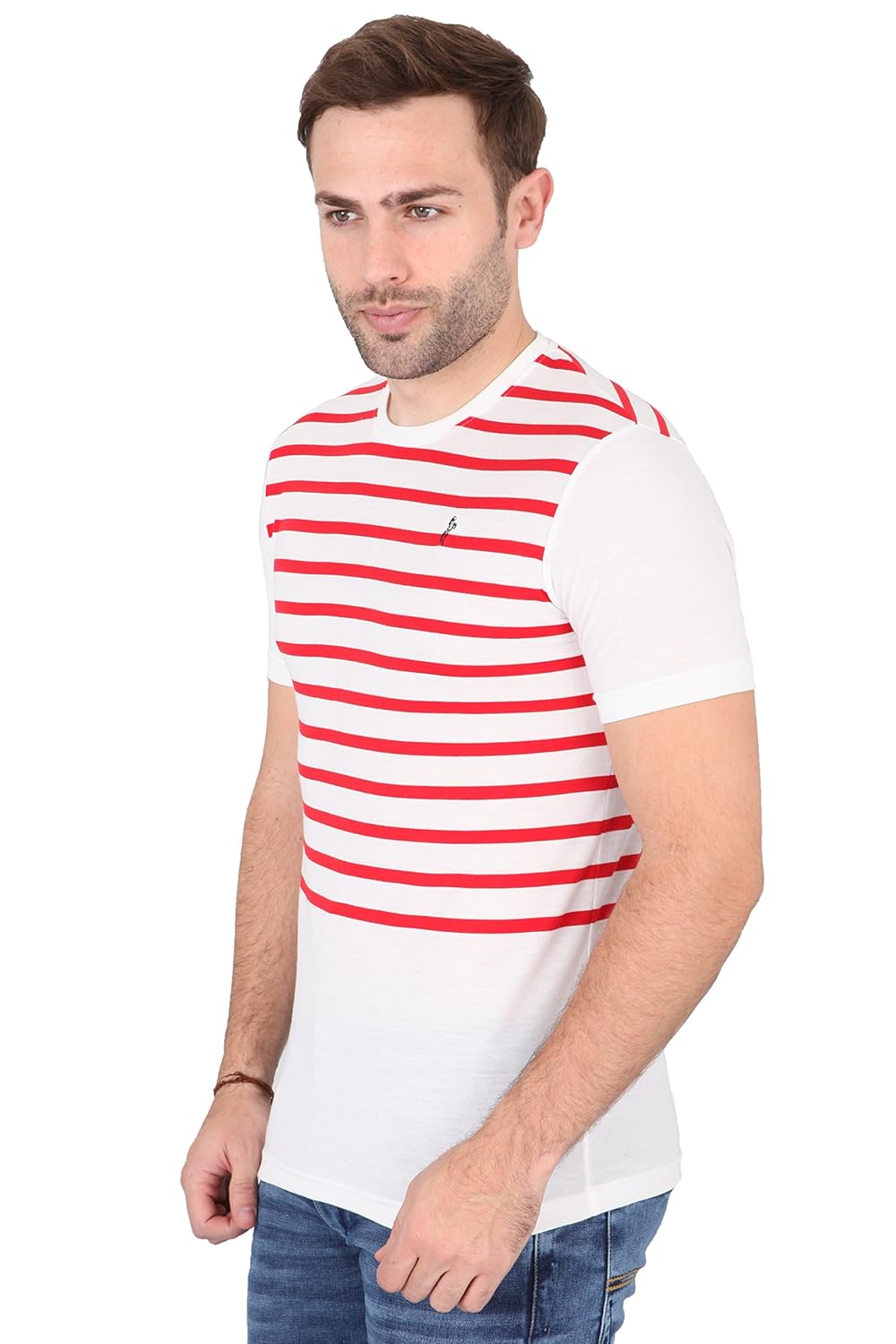 sky water men's white and red stripes round neck half sleeves t-shirt