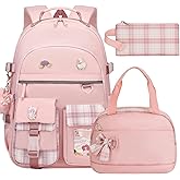 Backpack for Girls 15.6 Inch Laptop School Bag Kids Elementary College 3pcs Backpacks Lunch box Pencil Case Set Bookbags for Girls Teen Women Student Pink