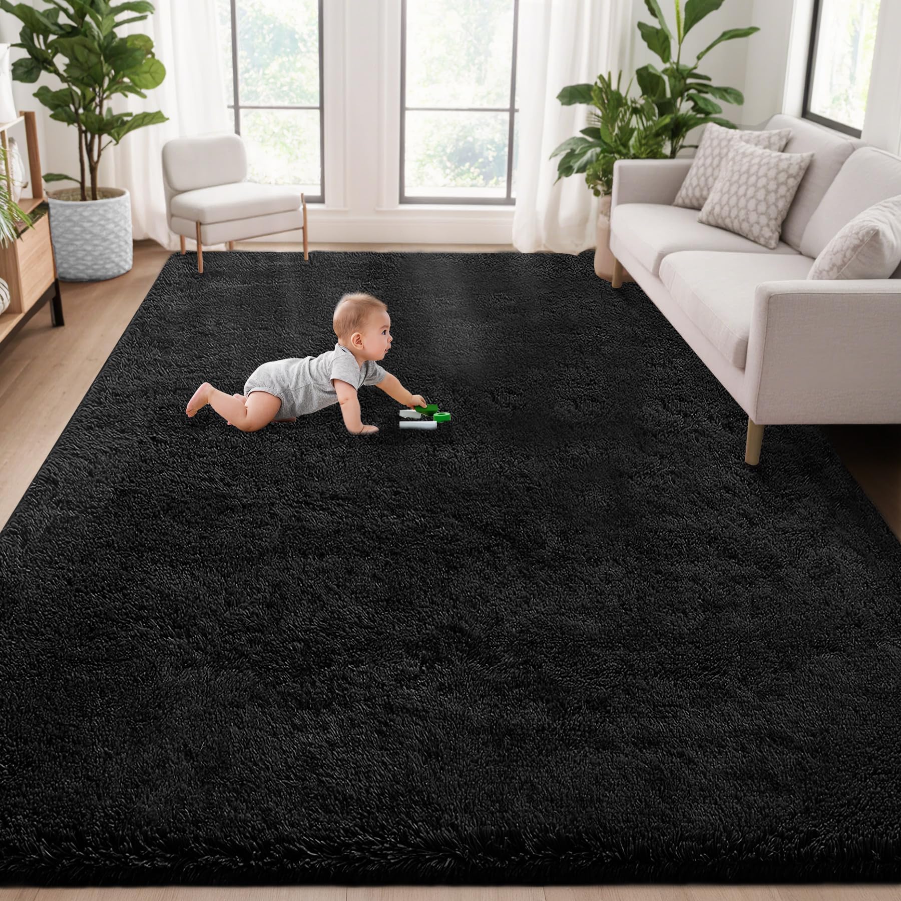 Photo 1 of 5x8 Area Rug for Living Room: Fluffy Shag Soft Washable Rugs Fuzzy Plush Indoor Carpet for Bedroom Nursery Playroom Dorm Kids Girls Boys Room (Black, 5'x8')