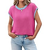 Tankaneo Womens Summer Color Block T-Shirts Cap Sleeve Textured Ribbed Knit Tees Casual Ringer Crew Neck Loose Fit Tops