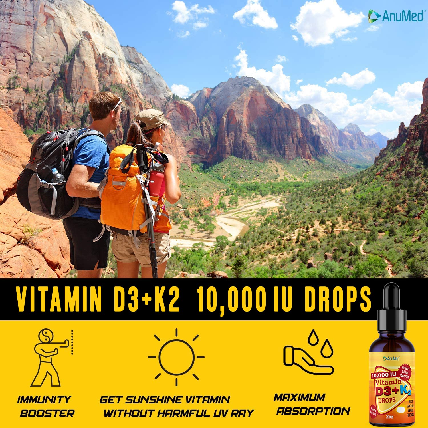 ANUMED Vitamin D3 + K2 10,000 IU Liquid Drops + Organic MCT Oil