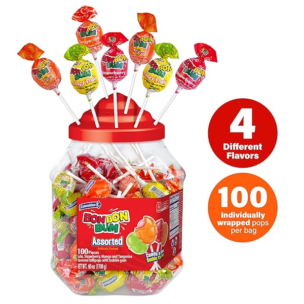 COLOMBINA BON BON BUM LOLLIPOPS ASSORTED FLAVOR, 100 COUNT (1 JAR)