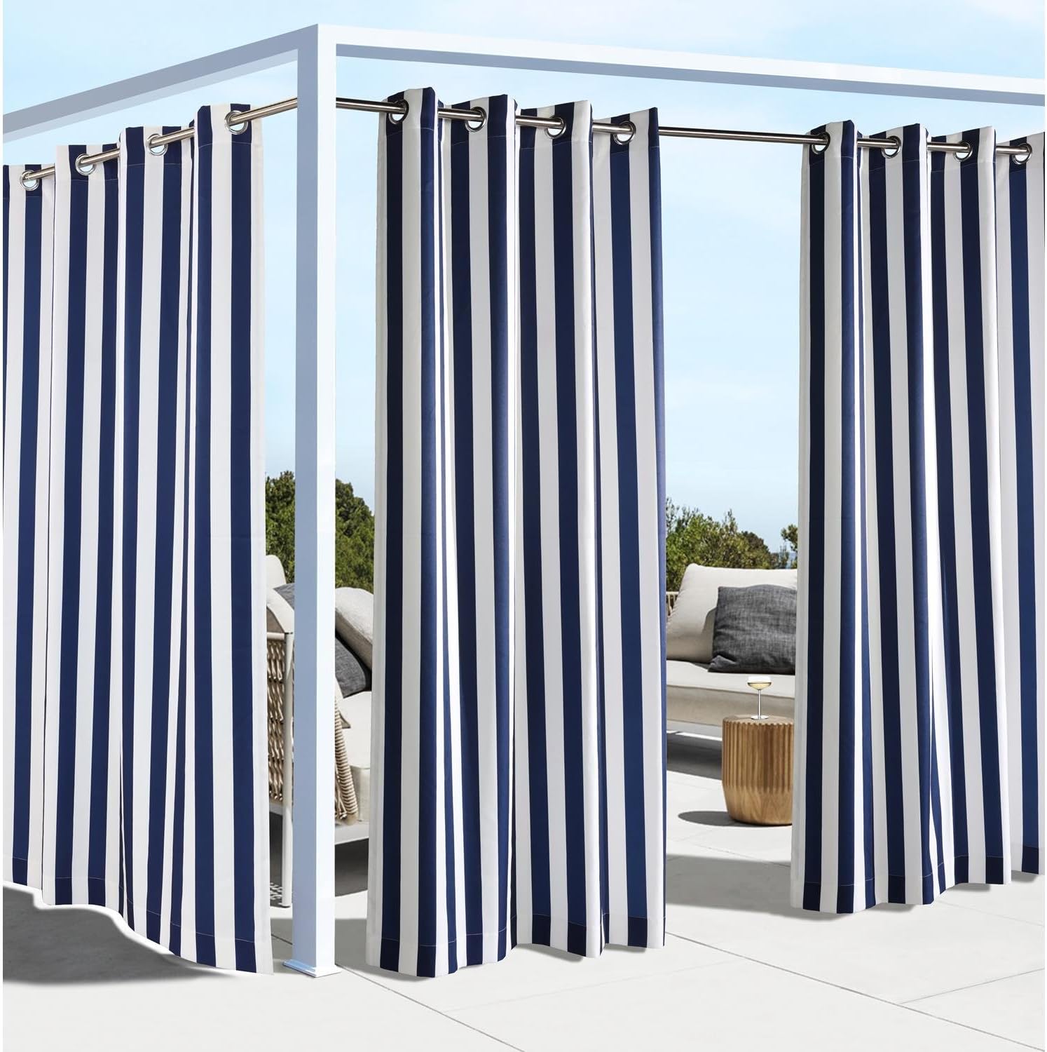 Outdoor Curtains - Outdoor décor Coastal Stripe Grommet Curtain Panel Window Dressing 50 x 84 in Navy