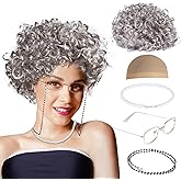 MAQIHAN Granny Wig Old Lady Costume Set Elderly Woman Accessories Fun Wigs Light Gray Glasses Cap Faux Pearl Bead Necklace Ch