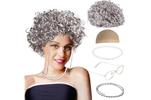 MAQIHAN Granny Wig Old Lady Costume Set Elderly Woman Accessories Fun Wigs Light Gray Glasses Cap Faux Pearl Bead Necklace Chain for Party Halloween Cosplay,Funny Comedy