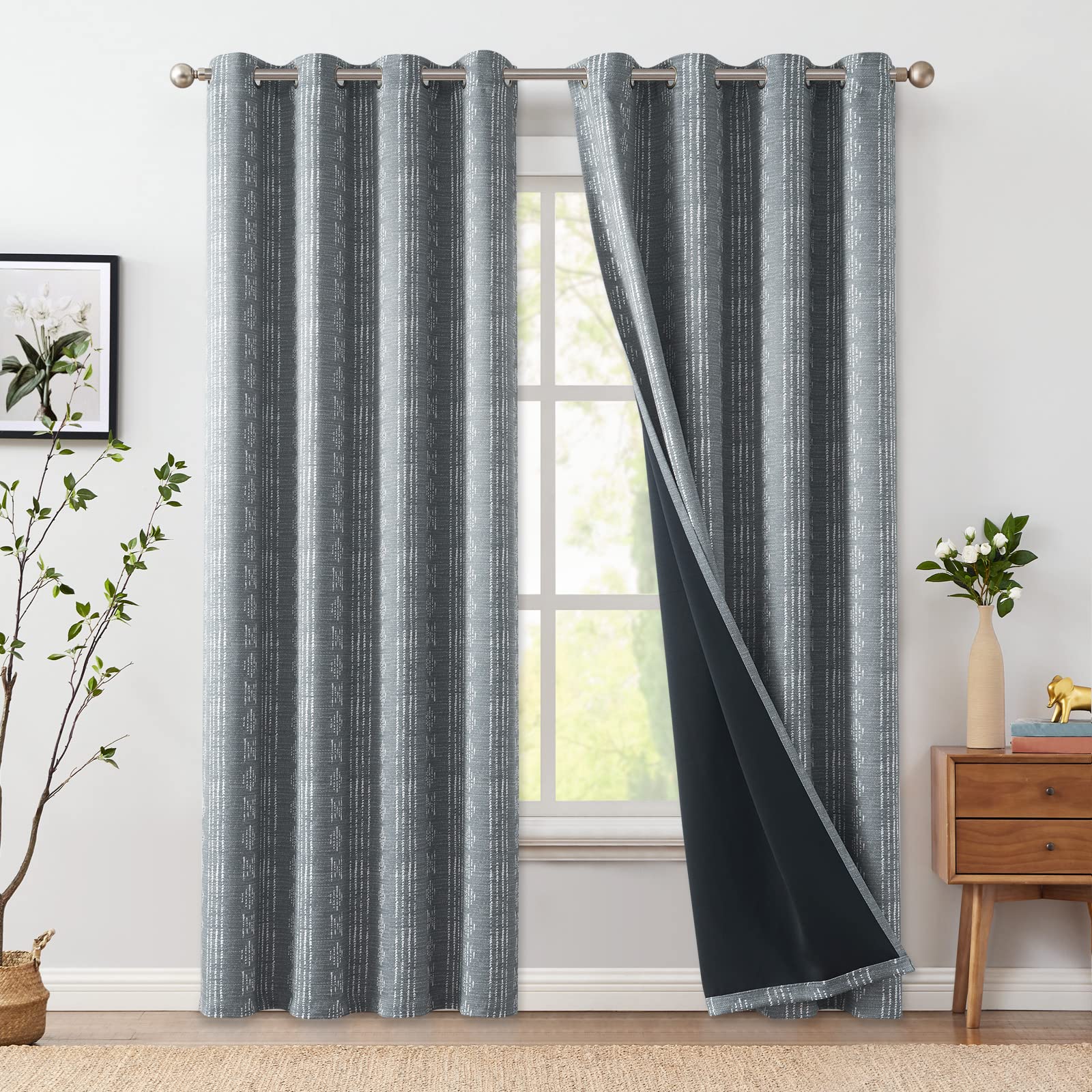 jinchan 95% Blackout Boho Curtains 90 Inches Long for Bedroom White on Grey Geometric Printed Grommet Top Room Darkening Thermal Insulated Window Drapes 2 Panels Image