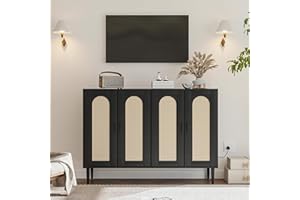 Garvee Rattan Sideboard Buffet Cabinet, Wooden Side Board Accent Buffet with Power Outlet, Wood Sideboard with 4 Doors, Boho 