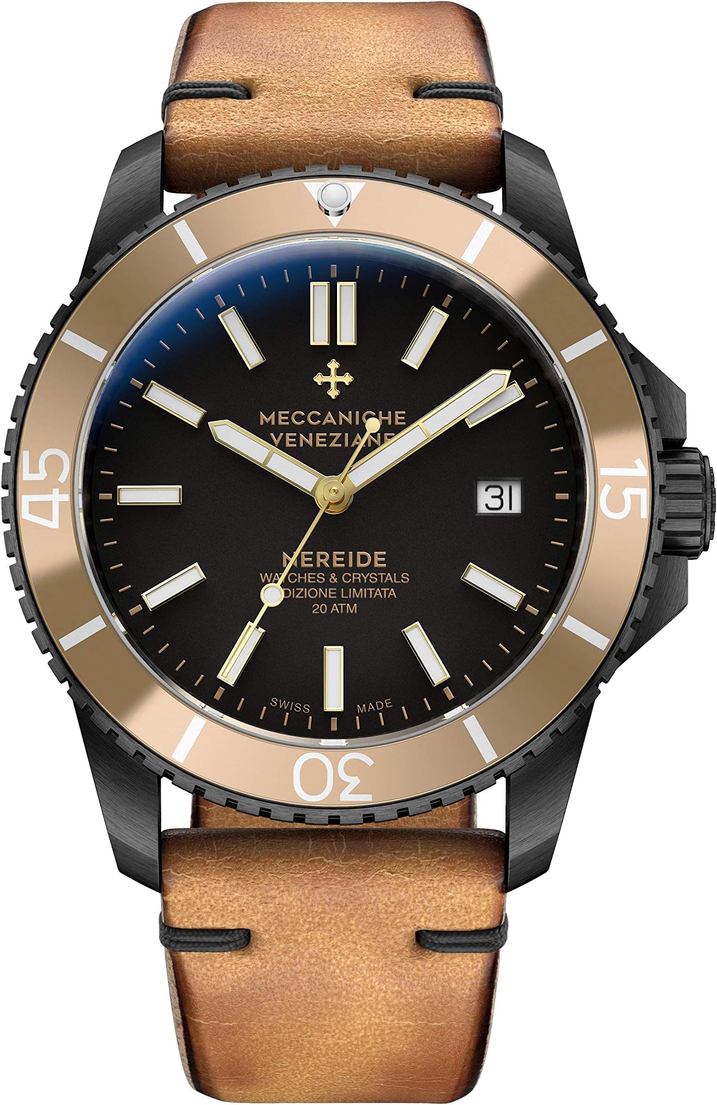 Meccaniche Veneziane Men's Automatic Mechanical Diver Watch with Vintage Leather Strap Nereide 3.0 Limited Edition Watches and Crystals Topazio PVD