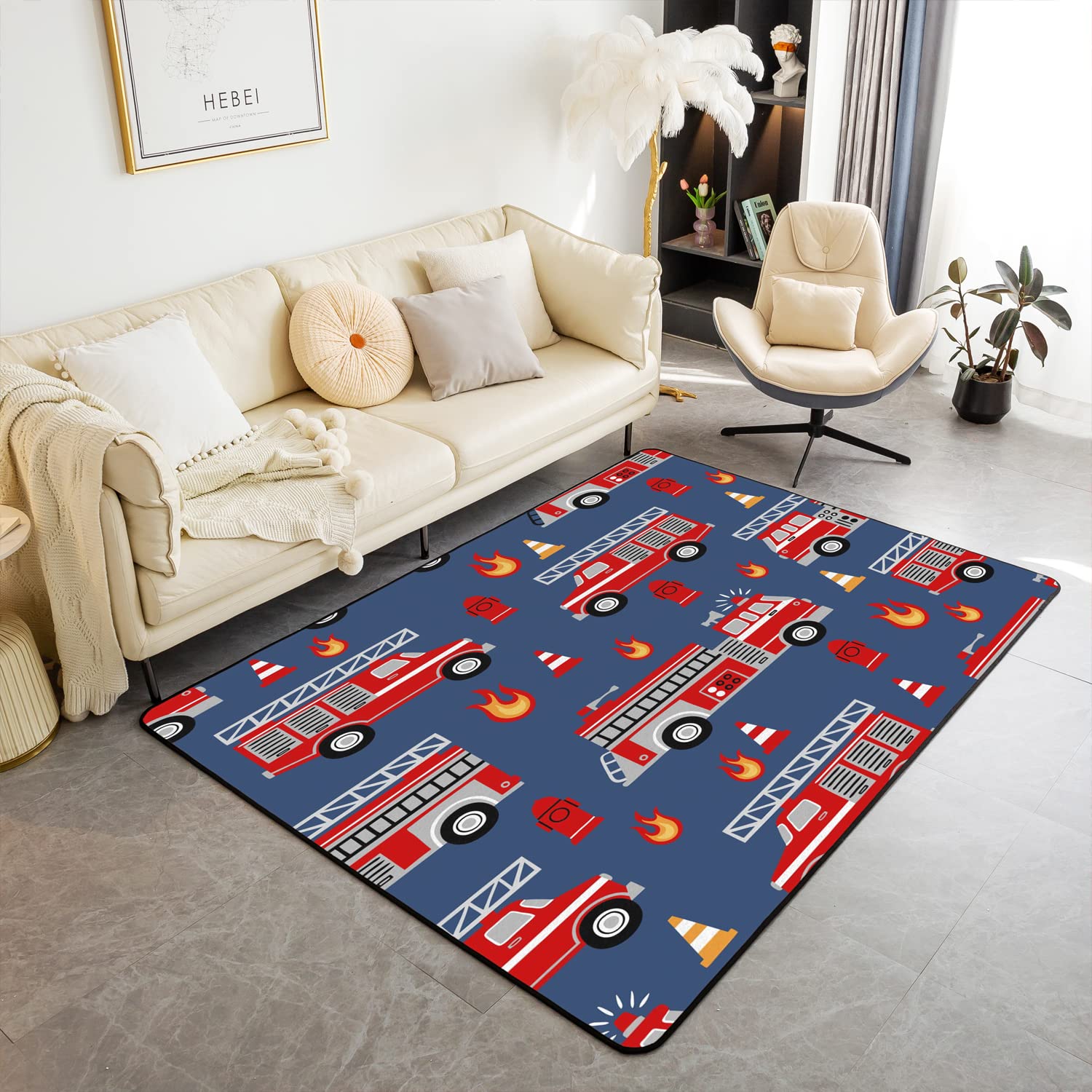 Loussiesd Cartoon Car Rugs for Living Room Fire Truck Area Rug Firefighter Decorative Carpet Set Firemen Car Vehicle Fire Engine Blue Red Indoor Floor Mat 100 * 150cm
