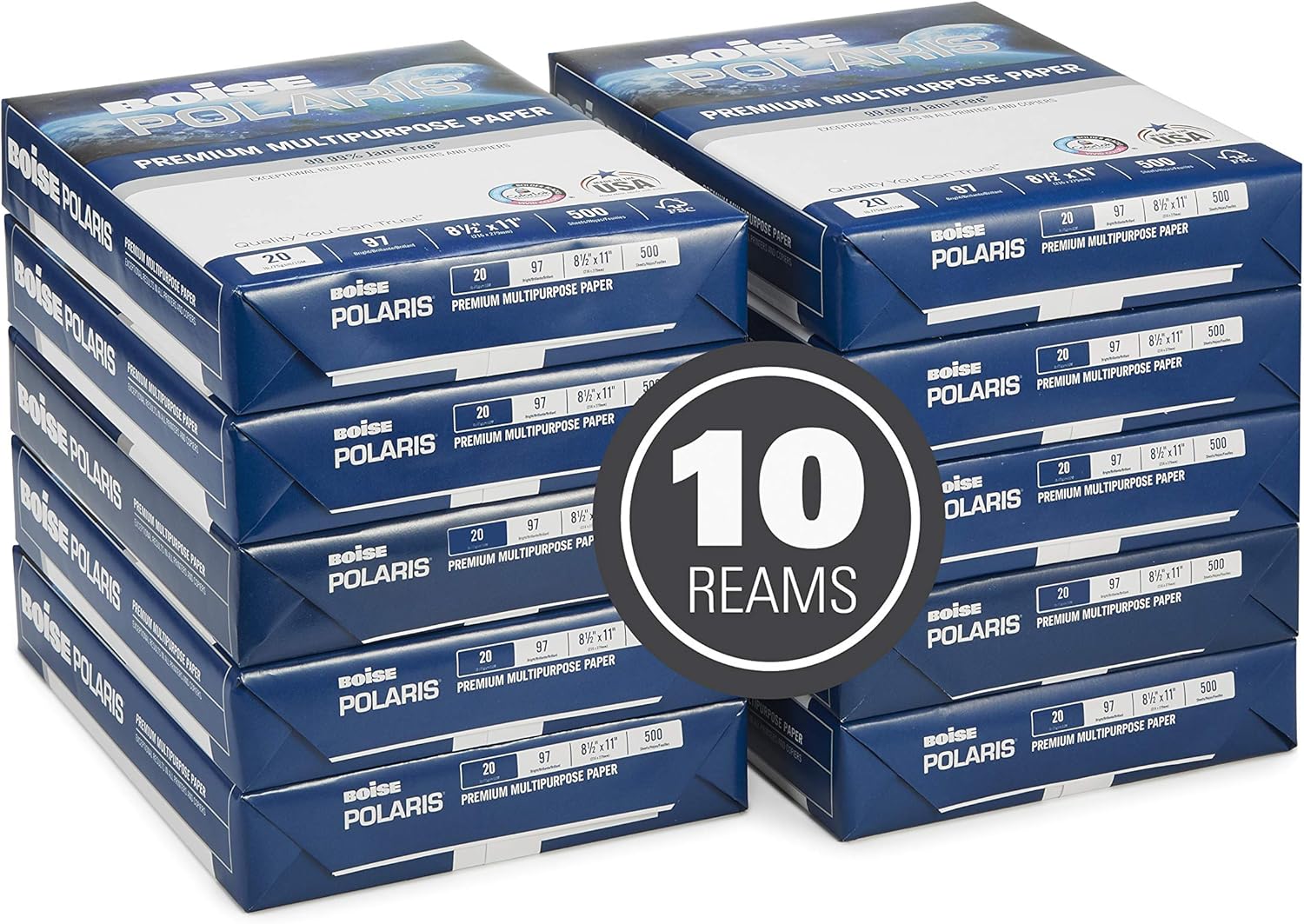 BOISE POLARIS Premium Multipurpose Copy Paper, 8.5" x 11" Letter, 97 Bright White, 20 lb., 10 Ream Carton (5, 000 Sheets) : Multipurpose Paper : Office Products