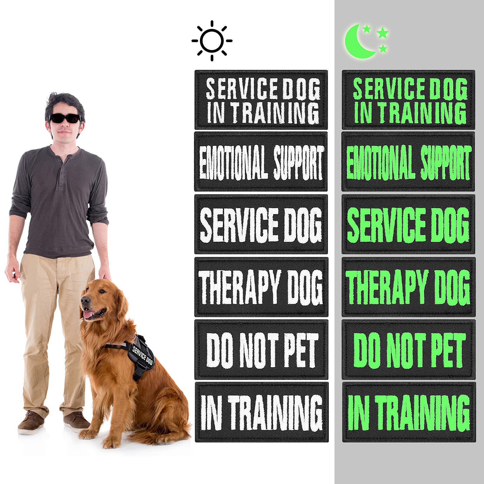 Molain Luminous Dog Vest Patches - 6 Pcs Removable Dog Harness Patches with Hook, Custom Name Patch for Service, in Training, Therapy, Emotional Support, Do Not Pet - White