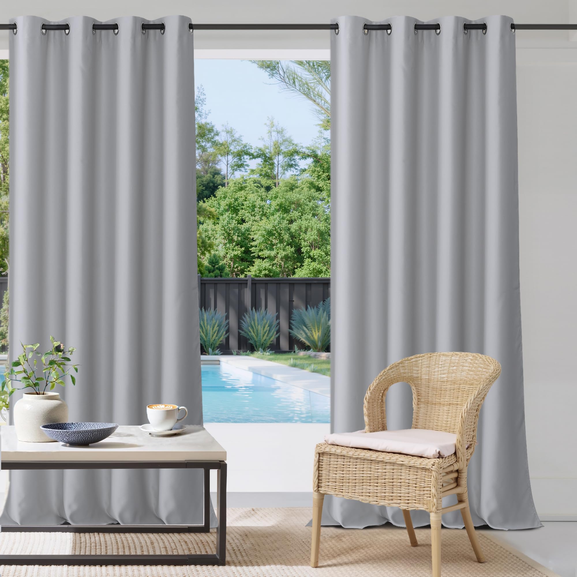 StangH Outdoor Curtains 108 inches Long Patio Waterproof Curtains Sunlight & Heat Blocking Summer Shades Blinds for Pergola/Arbor/Front Porch, W52 x L108, Silver Grey, 1 Panel