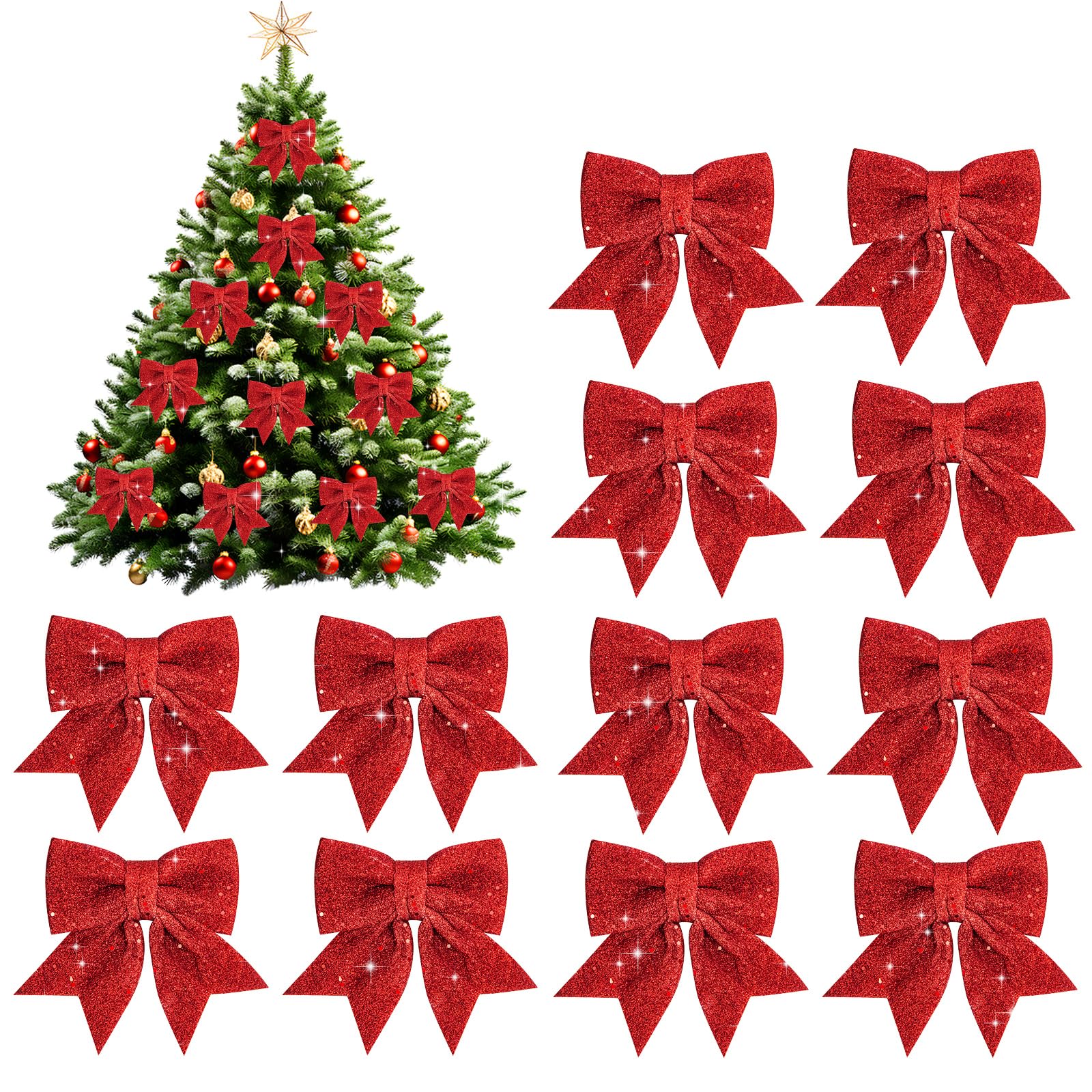 Fantasyon 12 Packs Large Glitter Red Christmas Bows Decorations, Christmas Tree Bow Ornaments Christmas Decorative Bows, Sequin Bow Ties for Xmas Wreaths