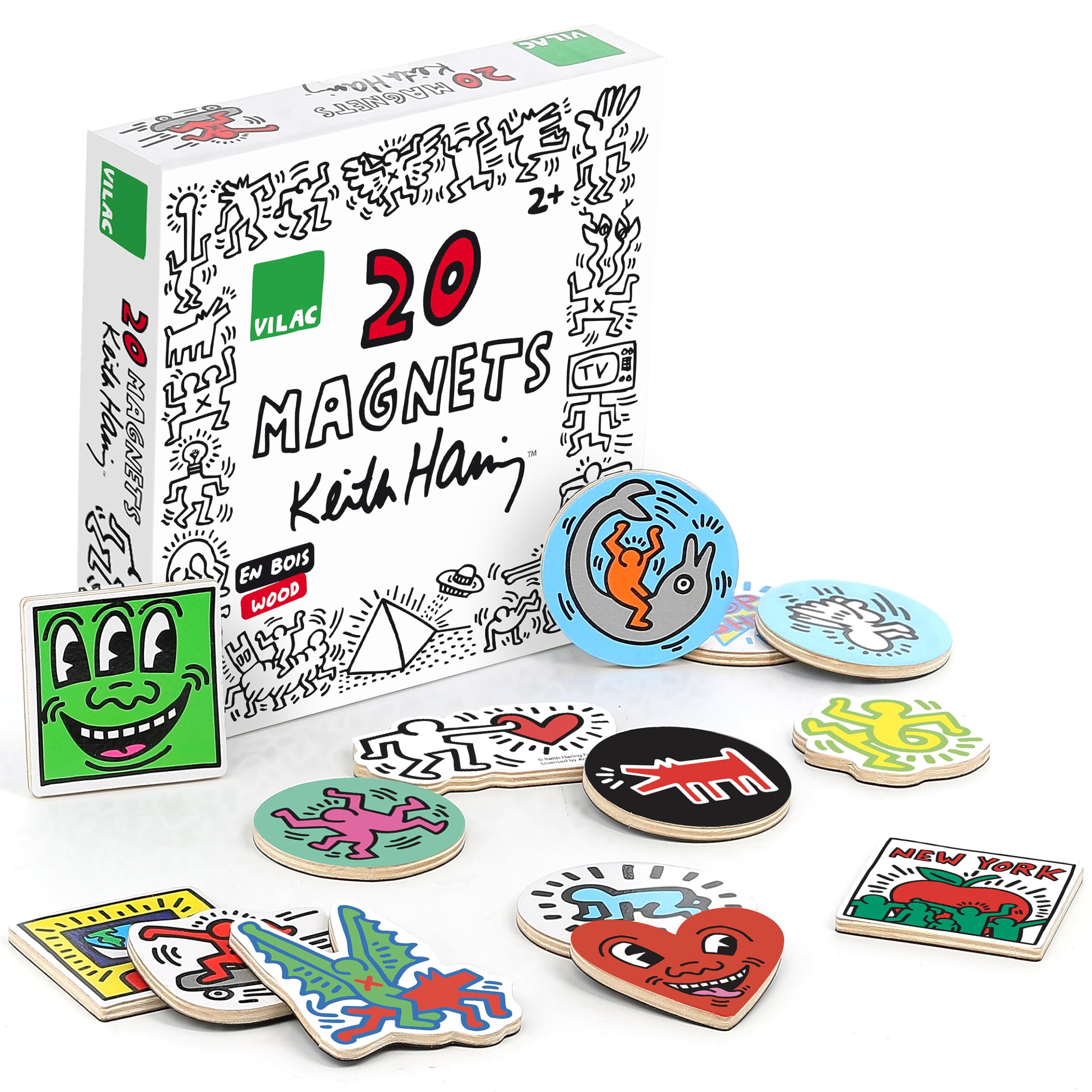 Vilac Wooden Decorative + Learning Colorful Toy Magnets, 20 Pieces Collector's Set, 2 Years+, Iconic Keith Haring's Designs