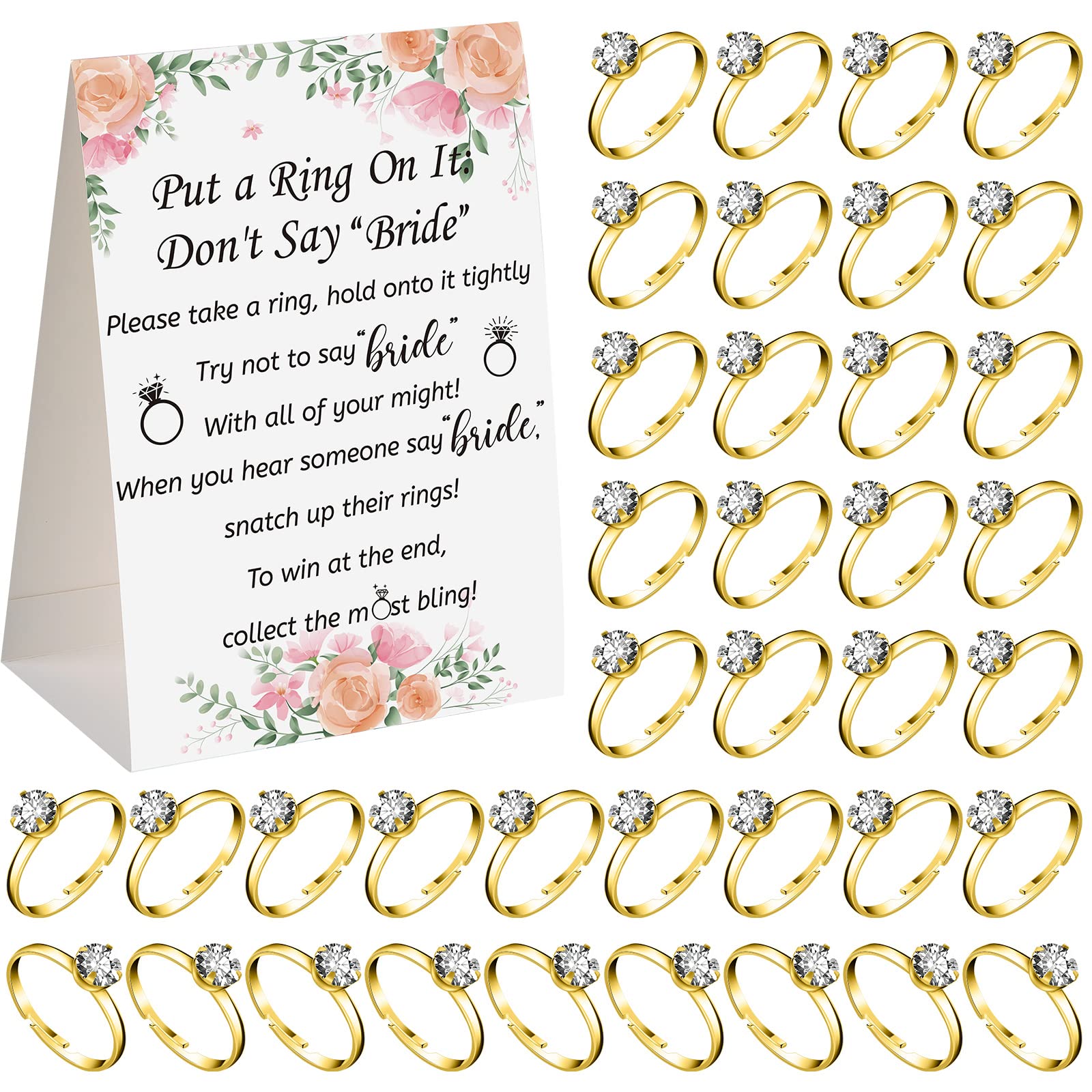Woanger Put a Ring on It Bridal Shower Game with 50 Fake Rings, Rustic Greenery Theme Wedding Shower Games Wedding and Engagement Rings and Not Say Bride Rules Cards(Bright Flowers,Gold)